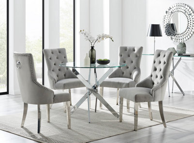 Furniturebox Novara Clear Tempered Glass 100Cm Round Dining Table With Chrome Starburst Legs & 4 Grey Belgravia Velvet Chairs - image 1