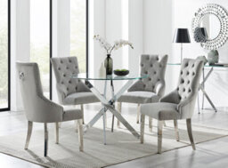 Furniturebox Novara Clear Tempered Glass 100Cm Round Dining Table With Chrome Starburst Legs & 4 Grey Belgravia Velvet Chairs - thumbnail 1