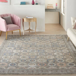 Grey Navy Traditional Luxurious Easy To Clean Bordered Floral Dining Room Bedroom And Living Room Rug -259Cm X 351Cm - thumbnail 1