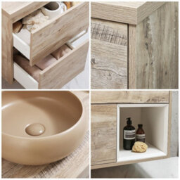Homestylestore Light Oak 594mm Wall Hung Bathroom Vanity Unit Round Sand Countertop Basin Open Shelf - thumbnail 2