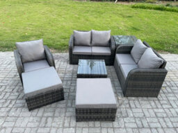 Fimous Pe Rattan Garden Furniture Sets Outdoor Love Sofa Chair Set Square Coffee Table Side Table 2 Big Footstool - thumbnail 2