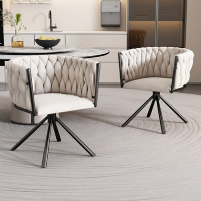Matteo Set Of 2 Luxurious Beige Velvet Swivel Dining Chairs With Black Steel Legs - image 1