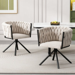Matteo Set Of 2 Luxurious Beige Velvet Swivel Dining Chairs With Black Steel Legs - thumbnail 2