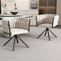 Matteo Set Of 2 Luxurious Beige Velvet Swivel Dining Chairs With Black Steel Legs