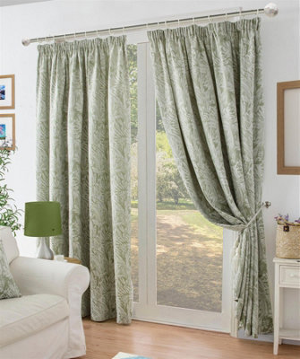 Luxury Living Chenille Jacquard Lined Pencil Pleat Taped Top Curtains Green - image 1