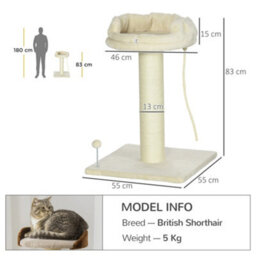 Pawhut 83Cm Cat Tree Tower With Scratching Post, Kitten Bed, Toy, Cream - thumbnail 3