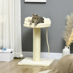 Pawhut 83Cm Cat Tree Tower With Scratching Post, Kitten Bed, Toy, Cream - thumbnail 1