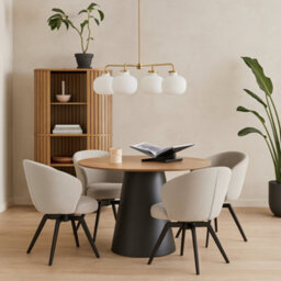 Wyld Haus Auckland 120Cm Round Dining Set Oak Effect Table With Black Base And 4 Beige Swivel Chairs - thumbnail 1