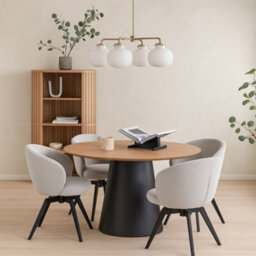 Wyld Haus Auckland 120Cm Round Dining Set Oak Effect Table With Black Base And 4 Beige Swivel Chairs - thumbnail 2