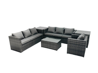 Fimous Rattan Garden Furniture Dining Set 7-Seater Patio Coffee Table Sofa Set With 2 Side Tables Dark Grey Mixed - image 1
