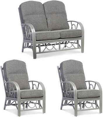 Desser Bali Grey 2 Seater Sofa & 2 Armchairs Indoor Real Cane Rattan Conservatory Sofa Set With Uk Manufactured Cushions In Slate
