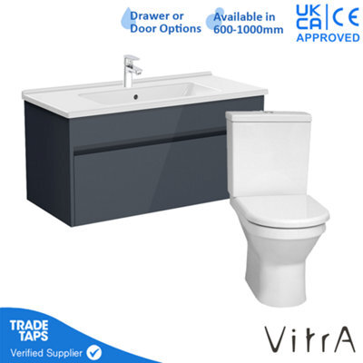 Vitra 1000mm Wall Hung Bathroom Vanity Unit With 1 Drawer Includes Basin, Chrome Tap And Close Coupled Toilet Set - Grey Gloss - image 1
