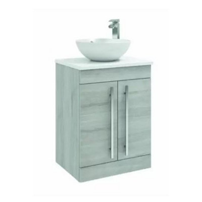 Clifton Bathroom 2-Door Floor Standing Vanity Unit With Sit-On Basin And Worktop 600mm Wide - Silver Oak  - Brassware Not Included - image 1
