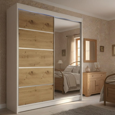 Sliding Door Wardrobe Camino 3 With Mirror And Rgb Led Lights White Artisan Oak - image 1