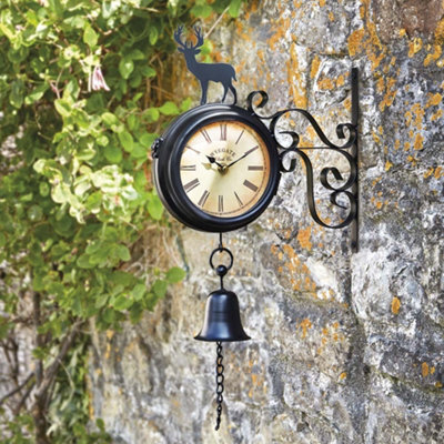 Garden Gear Wyegate Garden Wall Mounted Clock Outdoor Dual Sided 2 In 1 Thermometer Weather Station (Stag) - image 1