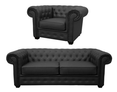 Venus Chesterfield Style Sofa 2 Seater + Armchair Black Faux Leather - image 1