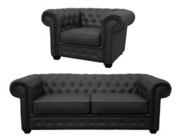 Venus Chesterfield Style Sofa 2 Seater + Armchair Black Faux Leather - thumbnail 1
