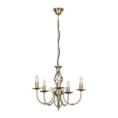 Valuelights Memphis Style Antique Brass Barley Twist 5 Way Ceiling Light Chandelier With 5 4W Ses E14 Led Cool White Bulb
