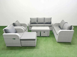 Fimous Pe Rattan Garden Furniture Set Adjustable Chair Sofa Double Love Seat 2 Seater Sofa Lounge Set 3 Stools Light Grey - thumbnail 2