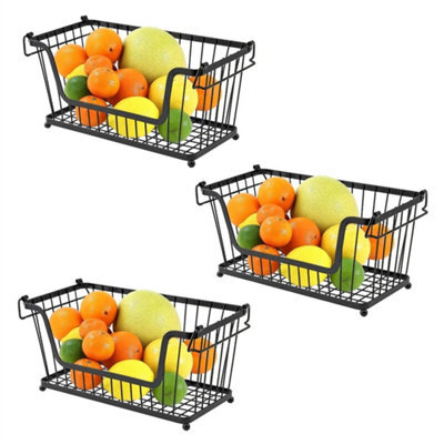 3 X Black Stackable Metal Wire Storage Basket Food Vegetable Kitchen Shelves - image 1