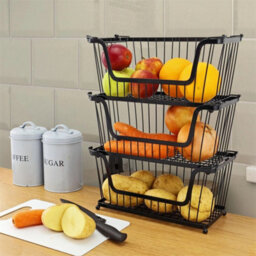 3 X Black Stackable Metal Wire Storage Basket Food Vegetable Kitchen Shelves - thumbnail 6