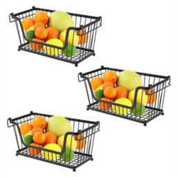 3 X Black Stackable Metal Wire Storage Basket Food Vegetable Kitchen Shelves - thumbnail 1