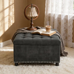 Matteo Square Storage Ottoman With Silver Rivet Detail - Dark Grey - thumbnail 1