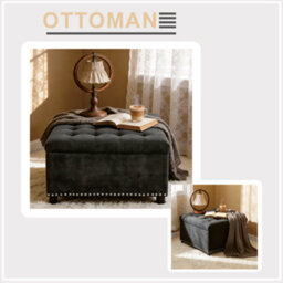 Matteo Square Storage Ottoman With Silver Rivet Detail - Dark Grey - thumbnail 4
