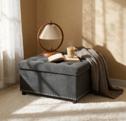 Matteo Square Storage Ottoman With Silver Rivet Detail - Dark Grey - thumbnail 2