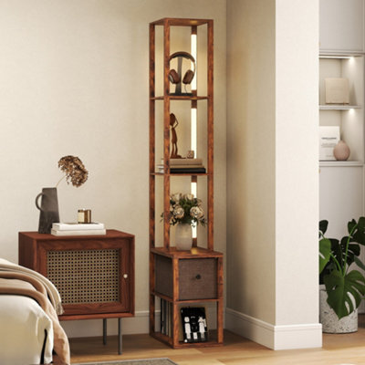 Homcom Led Floor Lamp, Standing Lamp With Shelves And Fabric Drawer, Brown - image 1