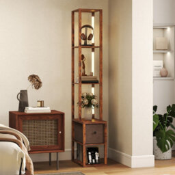 Homcom Led Floor Lamp, Standing Lamp With Shelves And Fabric Drawer, Brown