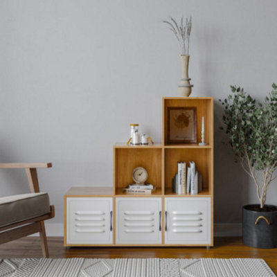 Urbn-Living Urbnliving 91Cm Height 6 Cube Step Beech Storage Bookcase Shelf Unit Metal White Door - image 1