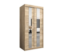 Arte Stylish Oak Sonoma Pole Sliding Door Wardrobe W1000mm H2000mm D620mm - Mirrored Storage With Silver Handles