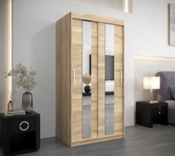Arte Stylish Oak Sonoma Pole Sliding Door Wardrobe W1000mm H2000mm D620mm - Mirrored Storage With Silver Handles - thumbnail 2