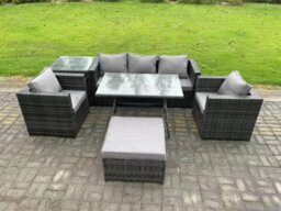 Fimous 6 Seater Wicker Rattan Outdoor Furniture Garden Dining Set With Sofa Oblong Dining Table 2 Armchairs Stool - thumbnail 2