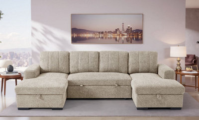 Stratus Interiors Como Modern Fabric Corner Sofa Bed With Double Lift-Up Storage-Beige - U-Shaped Convertible Sleeper Sofa - image 1