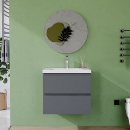 AVER-GROWTH 600mm Wall Hung Vanity Unit With Basin Matt Grey Thick Ceramic Sink Bathroom Wall Mounted Storage Cabinet 2 Drawers - thumbnail 5