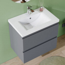 AVER-GROWTH 600mm Wall Hung Vanity Unit With Basin Matt Grey Thick Ceramic Sink Bathroom Wall Mounted Storage Cabinet 2 Drawers - thumbnail 3