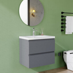 AVER-GROWTH 600mm Wall Hung Vanity Unit With Basin Matt Grey Thick Ceramic Sink Bathroom Wall Mounted Storage Cabinet 2 Drawers - thumbnail 2