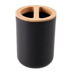 Black 6Pcs Bathroom Set Bamboo Wood Bin Soap Dispenser Toothbrush Tumbler Toilet Brush - thumbnail 4