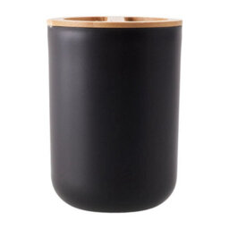Black 6Pcs Bathroom Set Bamboo Wood Bin Soap Dispenser Toothbrush Tumbler Toilet Brush - thumbnail 5