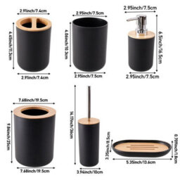 Black 6Pcs Bathroom Set Bamboo Wood Bin Soap Dispenser Toothbrush Tumbler Toilet Brush - thumbnail 2