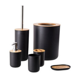 Black 6Pcs Bathroom Set Bamboo Wood Bin Soap Dispenser Toothbrush Tumbler Toilet Brush - thumbnail 1