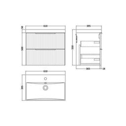 Balterley Tixall Fluted 2 Drawer Wall Hung Vanity Unit With Thin Edge Basin, Satin Blue, 600mm - thumbnail 2