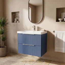 Balterley Tixall Fluted 2 Drawer Wall Hung Vanity Unit With Thin Edge Basin, Satin Blue, 600mm - thumbnail 2