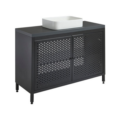 Homestylestore 1200mm Black Metal Floorstanding Bathroom Vanity Unit Black Grey Countertop And Rectangular Chalk Basin - image 1