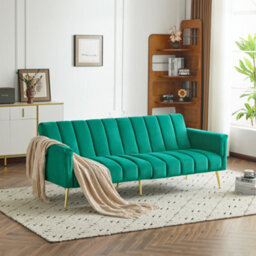 Matteo Modern Green Velvet Sofa Bed - Convertible Sleeper - Multi-Position Backrest & Armrests - Metal Legs - thumbnail 3