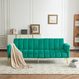 Matteo Modern Green Velvet Sofa Bed - Convertible Sleeper - Multi-Position Backrest & Armrests - Metal Legs - thumbnail 2