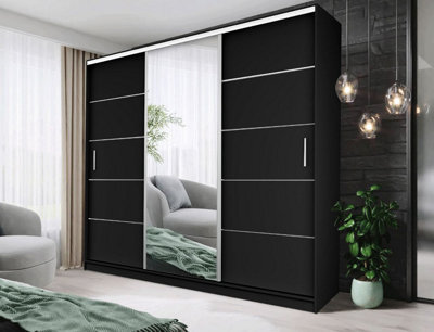 Fhif Ibiza 250Cm Black Sliding Door Wardrobe Modern Bedroom Storage With Full Length Mirror Shelves And Hanging Rails - image 1