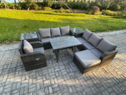Fimous Outdoor Lounge Sofa Set Wicker Pe Rattan Garden Furniture Set With Dining Table Reclining Chair 2 Side Tables Big Footstool - thumbnail 2